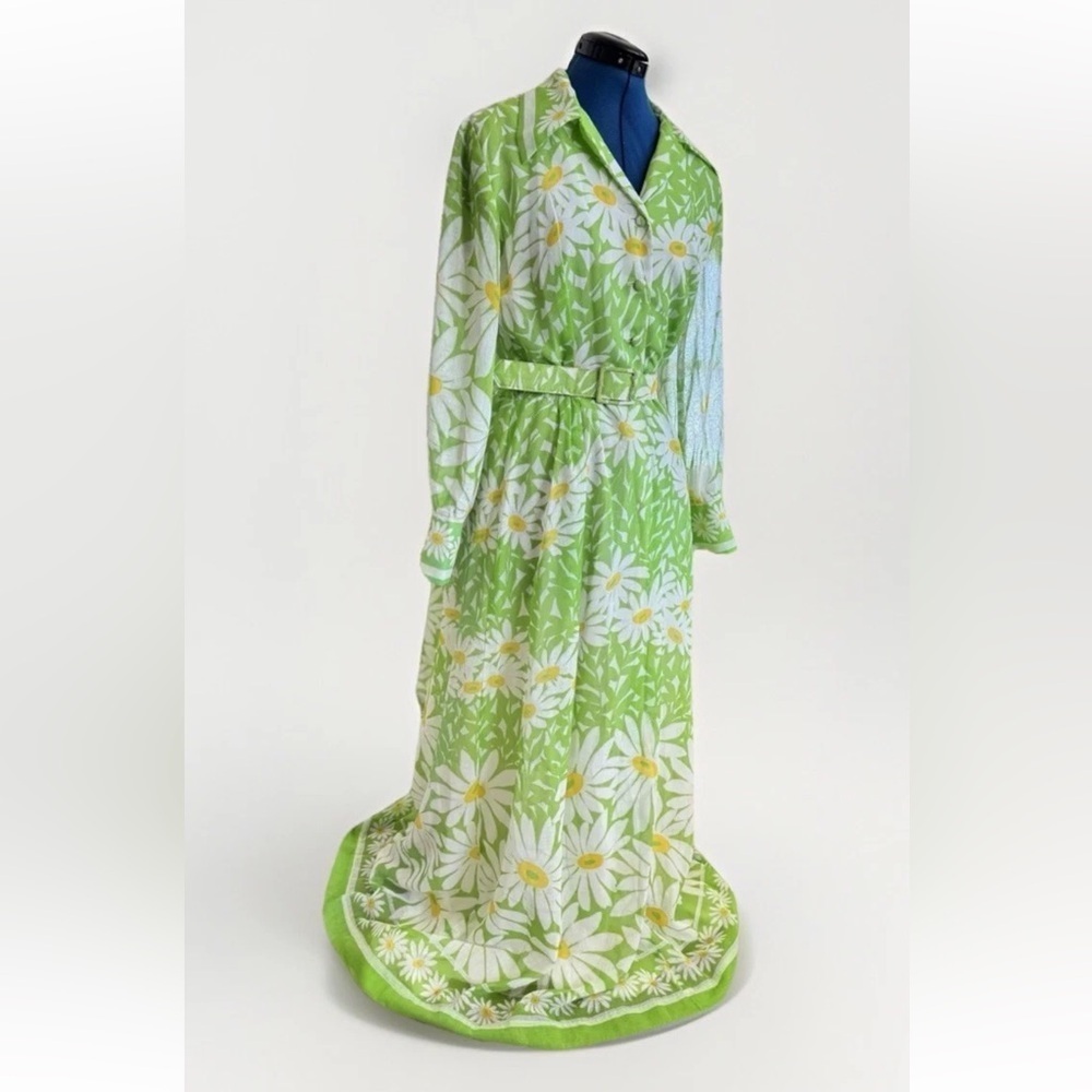 Vintage 70s Miss Sandy Green Floral Long Sleeve Belt Boho Prairie Dress